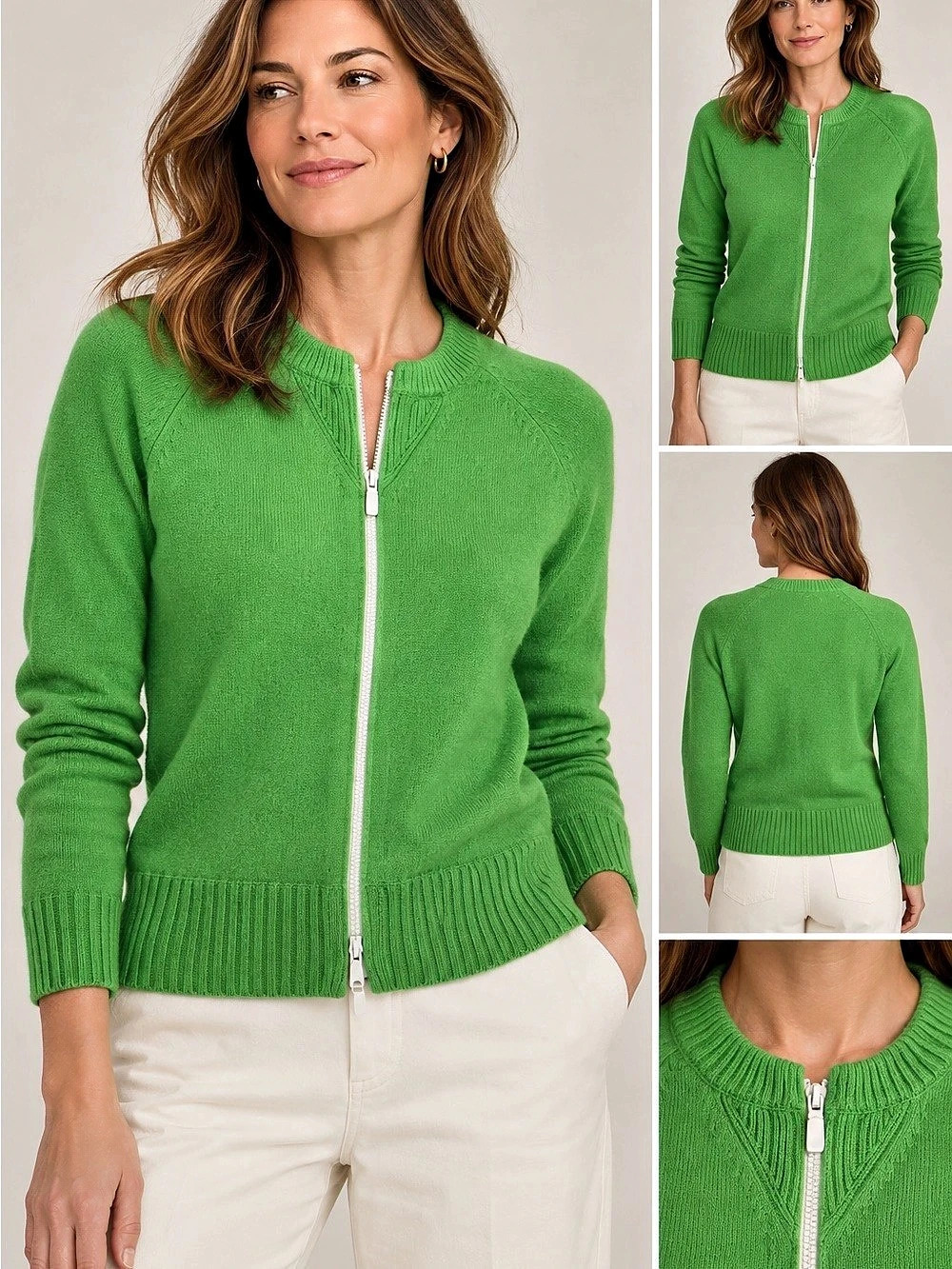Worth New York 100% Cashmere Green Full Zip Cardigan Sweater Petite Small P EUC